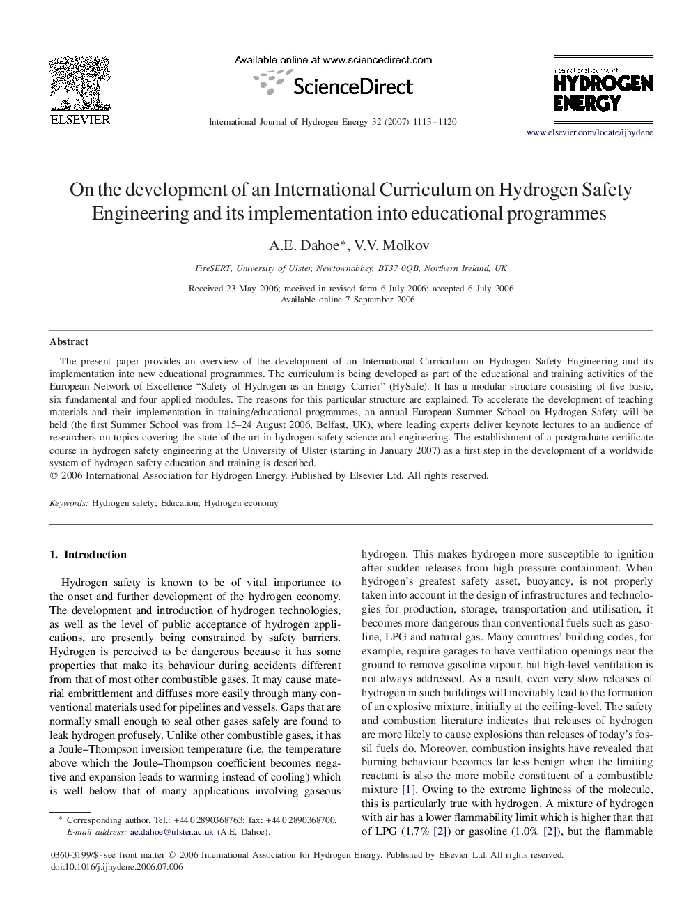 On the development of an International Curriculum on Hydrogen Safety Engineering and its implementation into educational programmes