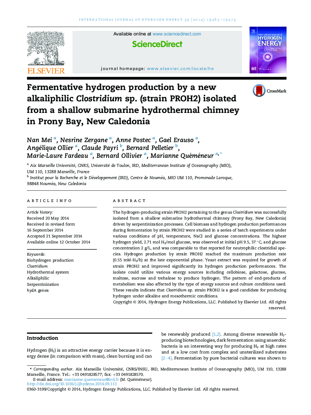 Fermentative hydrogen production by a new alkaliphilic Clostridium sp. (strain PROH2) isolated from a shallow submarine hydrothermal chimney in Prony Bay, New Caledonia