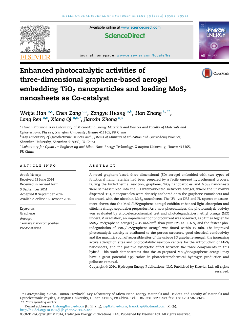 Enhanced photocatalytic activities of three-dimensional graphene-based aerogel embedding TiO2 nanoparticles and loading MoS2 nanosheets as Co-catalyst