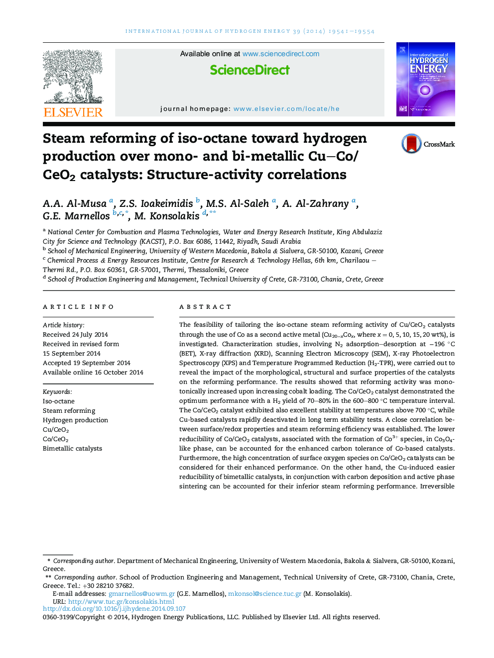 Steam reforming of iso-octane toward hydrogen production over mono- and bi-metallic Cu–Co/CeO2 catalysts: Structure-activity correlations