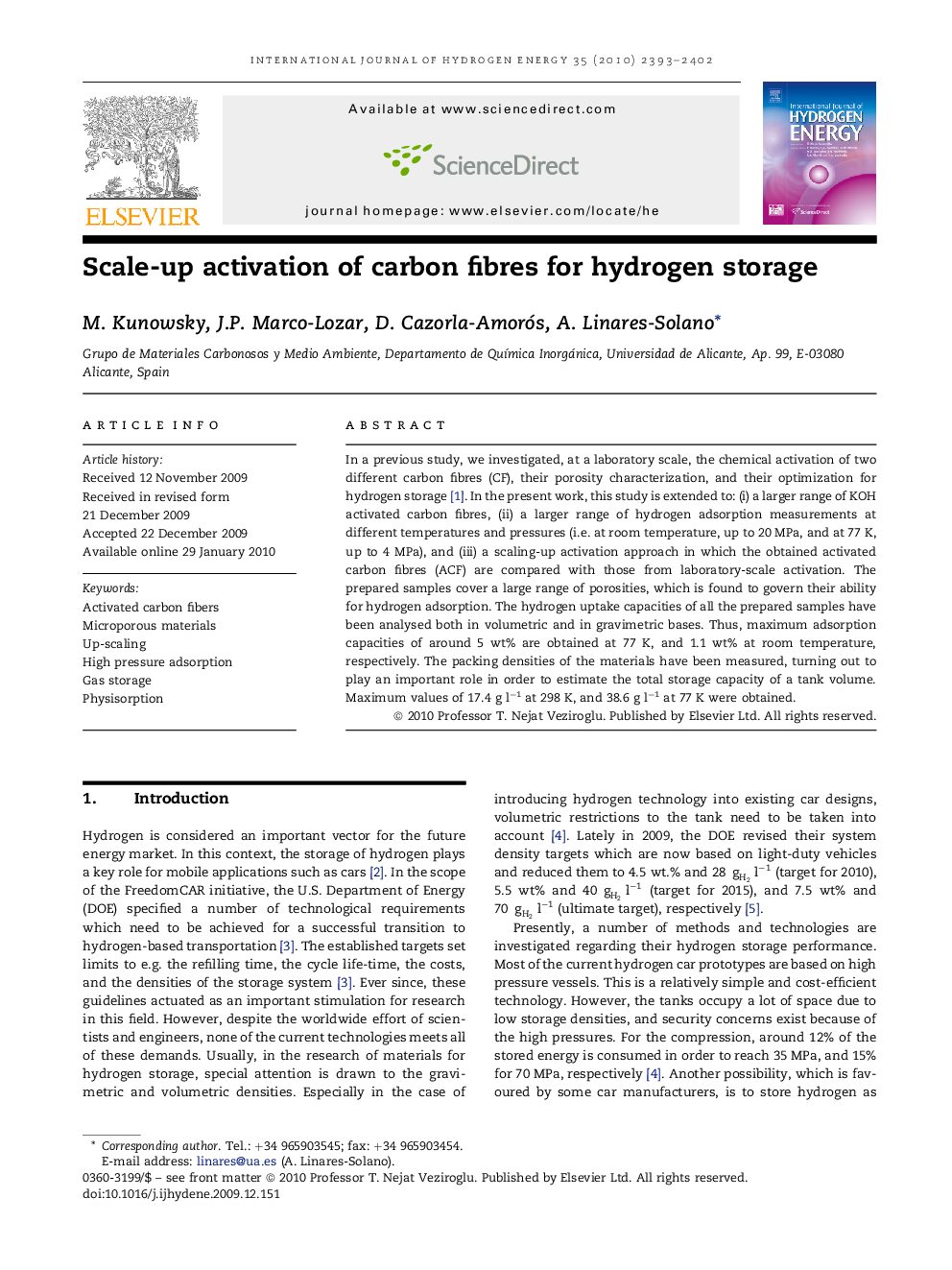 Scale-up activation of carbon fibres for hydrogen storage