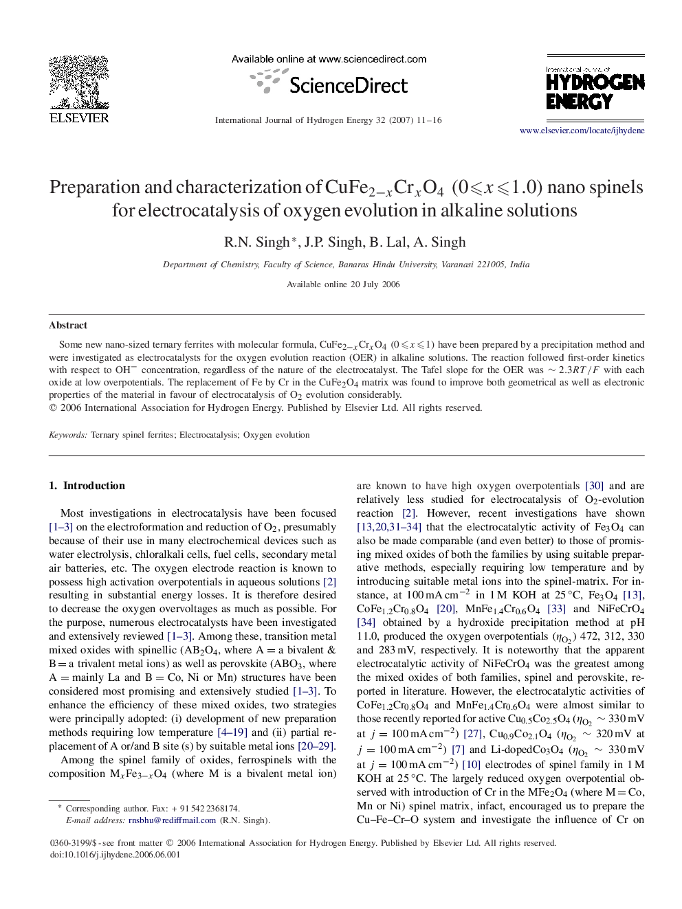 Preparation and characterization of CuFe2-xCrxO4(0⩽x⩽1.0) nano spinels for electrocatalysis of oxygen evolution in alkaline solutions