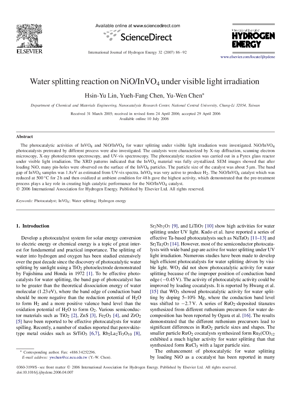 Water splitting reaction on NiO/InVO4 under visible light irradiation