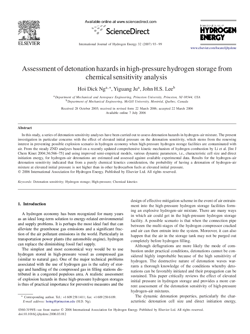 Assessment of detonation hazards in high-pressure hydrogen storage from chemical sensitivity analysis