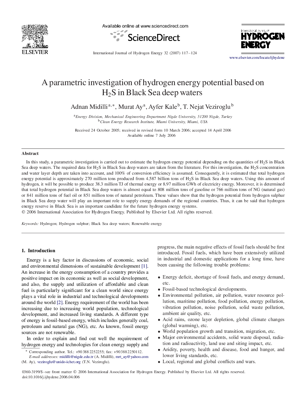 A parametric investigation of hydrogen energy potential based on H2S in Black Sea deep waters