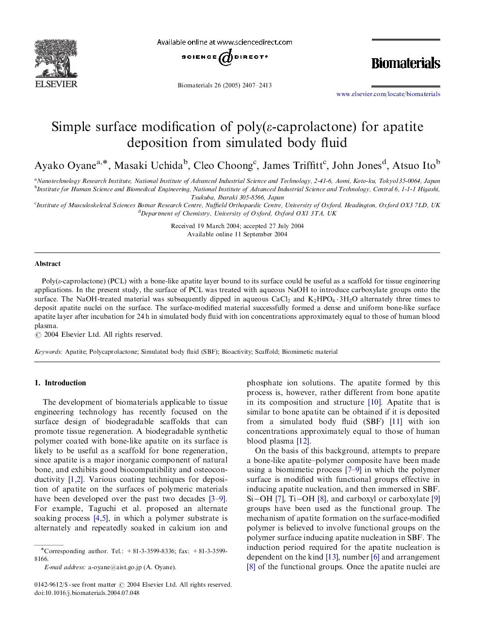 Simple surface modification of poly(ε-caprolactone) for apatite deposition from simulated body fluid