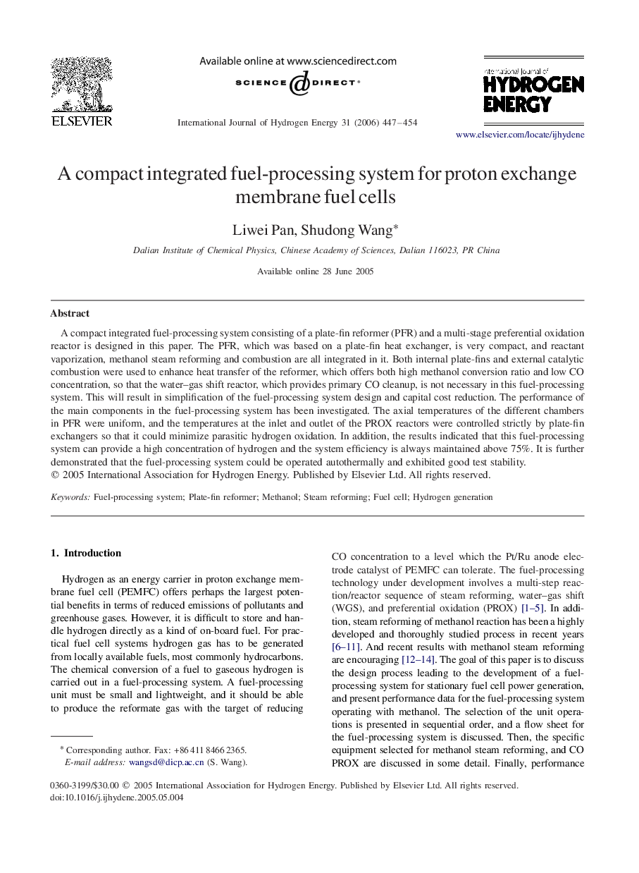 A compact integrated fuel-processing system for proton exchange membrane fuel cells