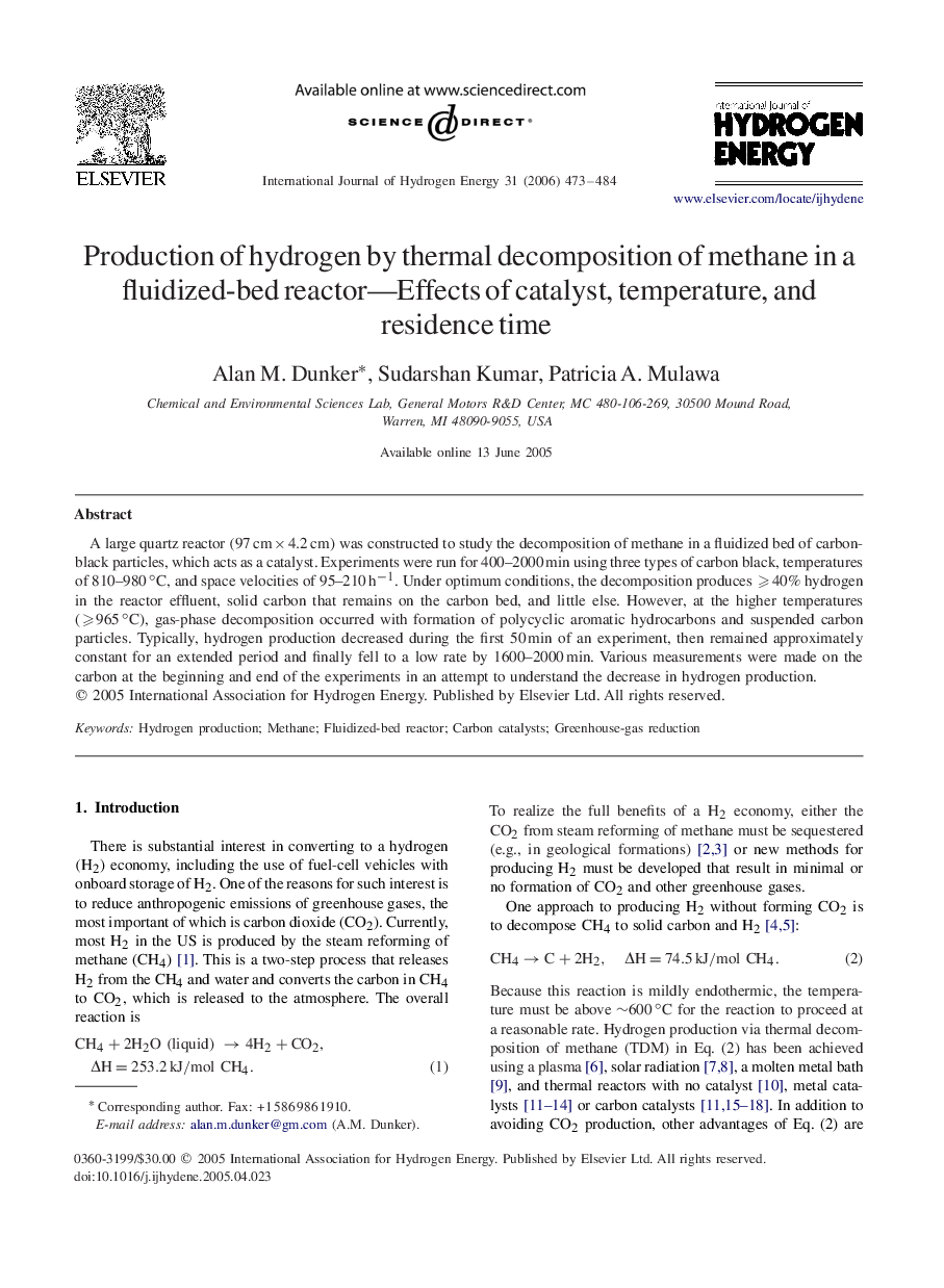 Production of hydrogen by thermal decomposition of methane in a fluidized-bed reactor—Effects of catalyst, temperature, and residence time