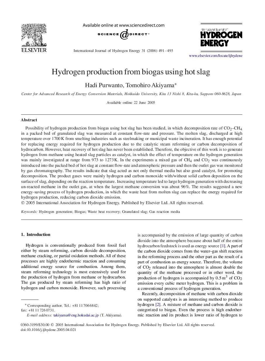 Hydrogen production from biogas using hot slag