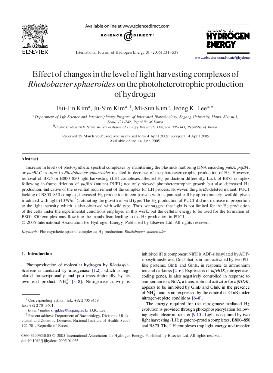 Effect of changes in the level of light harvesting complexes of Rhodobacter sphaeroides on the photoheterotrophic production of hydrogen