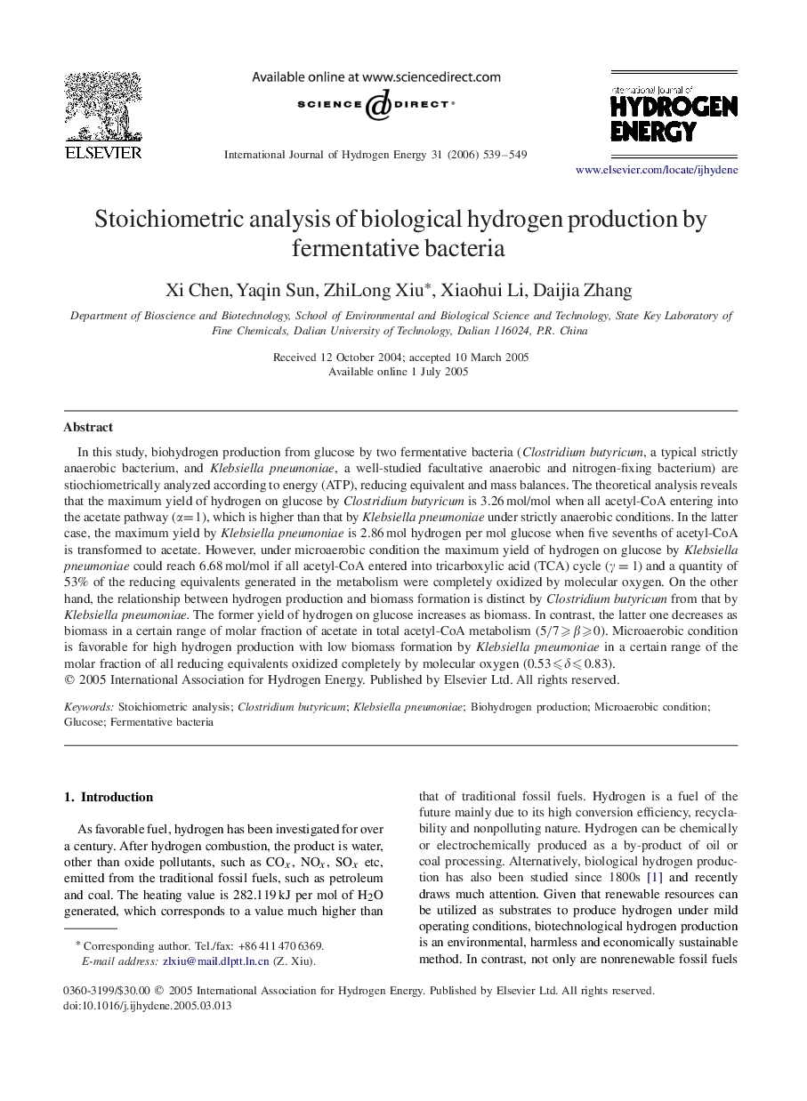 Stoichiometric analysis of biological hydrogen production by fermentative bacteria