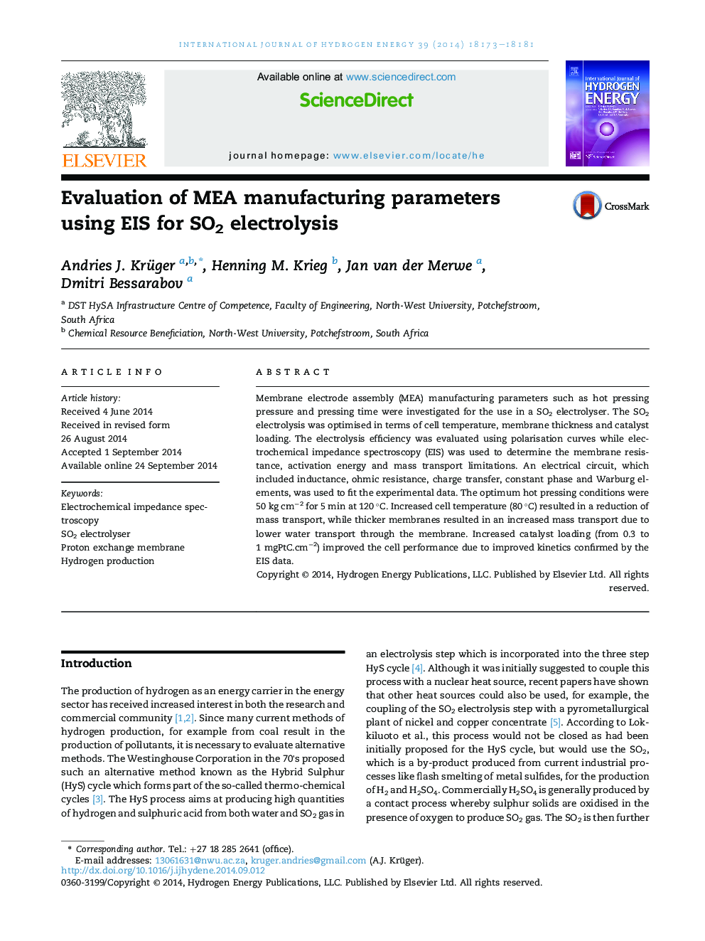 Evaluation of MEA manufacturing parameters using EIS for SO2 electrolysis