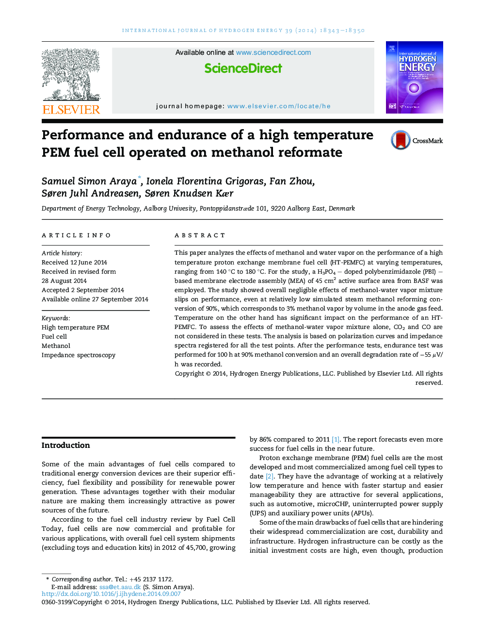 Performance and endurance of a high temperature PEM fuel cell operated on methanol reformate