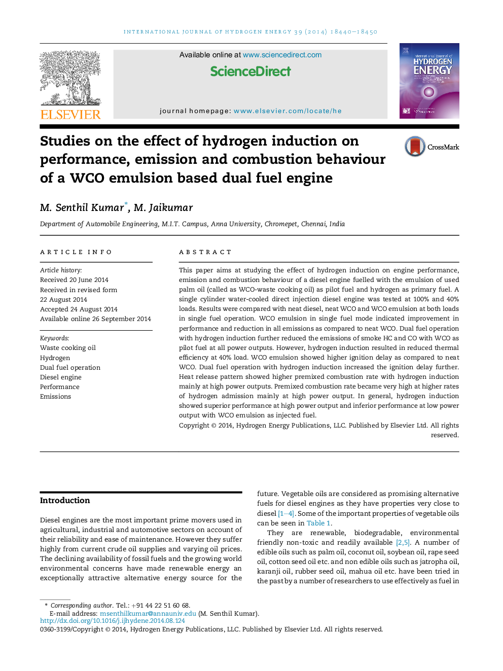 Studies on the effect of hydrogen induction on performance, emission and combustion behaviour of a WCO emulsion based dual fuel engine