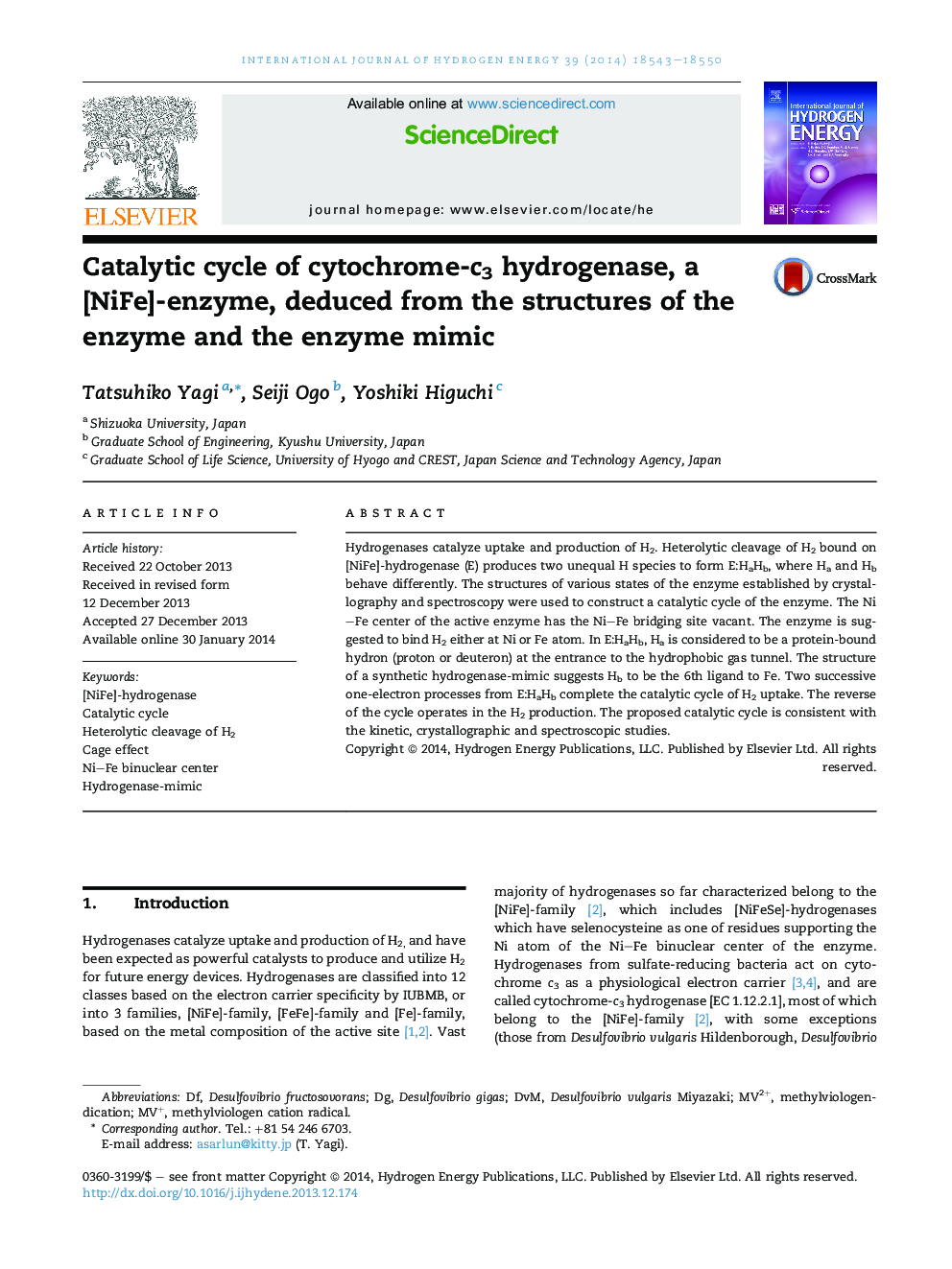 Catalytic cycle of cytochrome-c3 hydrogenase, a [NiFe]-enzyme, deduced from the structures of the enzyme and the enzyme mimic