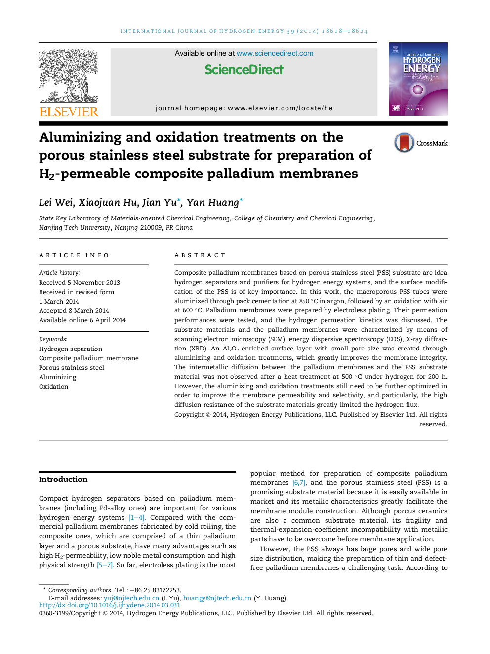 Aluminizing and oxidation treatments on the porous stainless steel substrate for preparation of H2-permeable composite palladium membranes