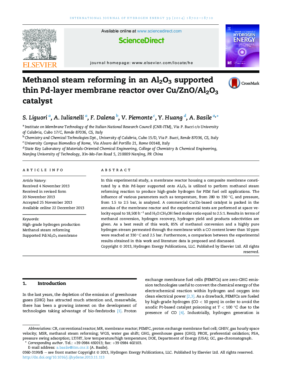 Methanol steam reforming in an Al2O3 supported thin Pd-layer membrane reactor over Cu/ZnO/Al2O3 catalyst