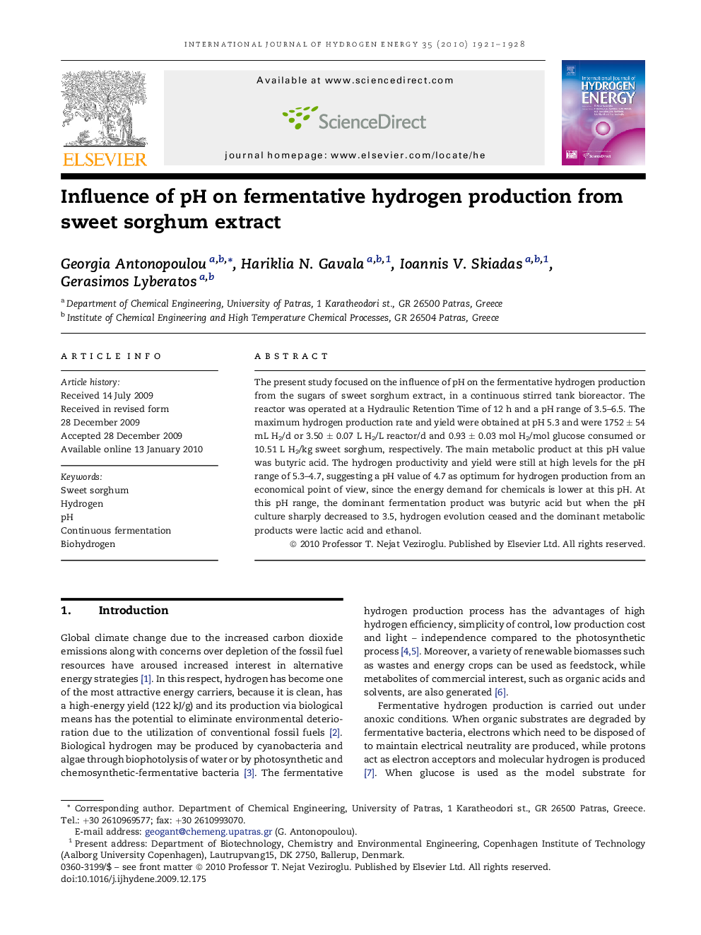 Influence of pH on fermentative hydrogen production from sweet sorghum extract