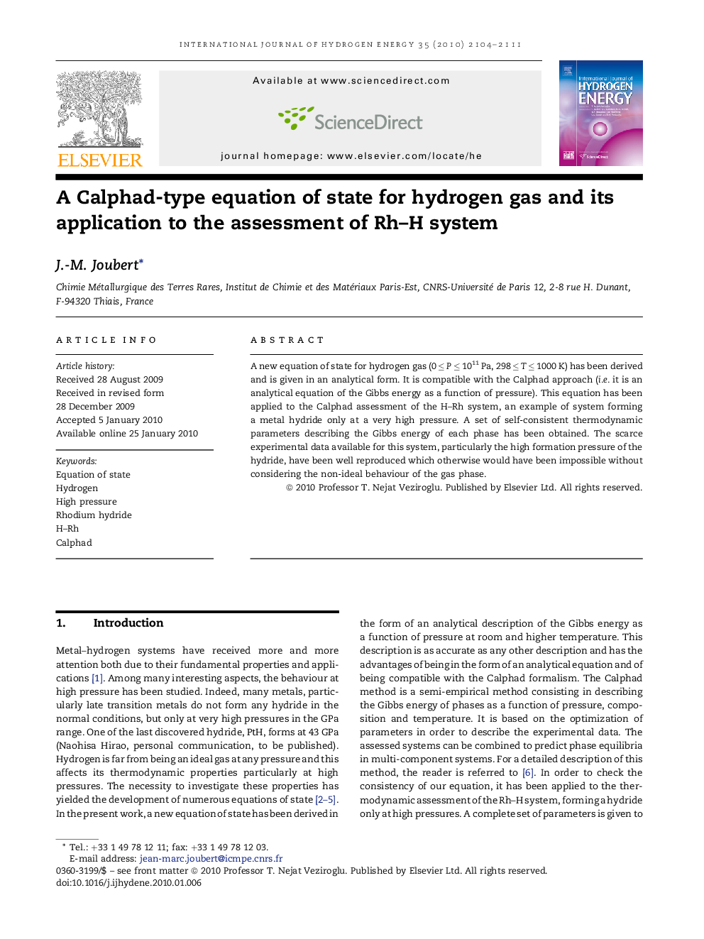 A Calphad-type equation of state for hydrogen gas and its application to the assessment of Rh–H system