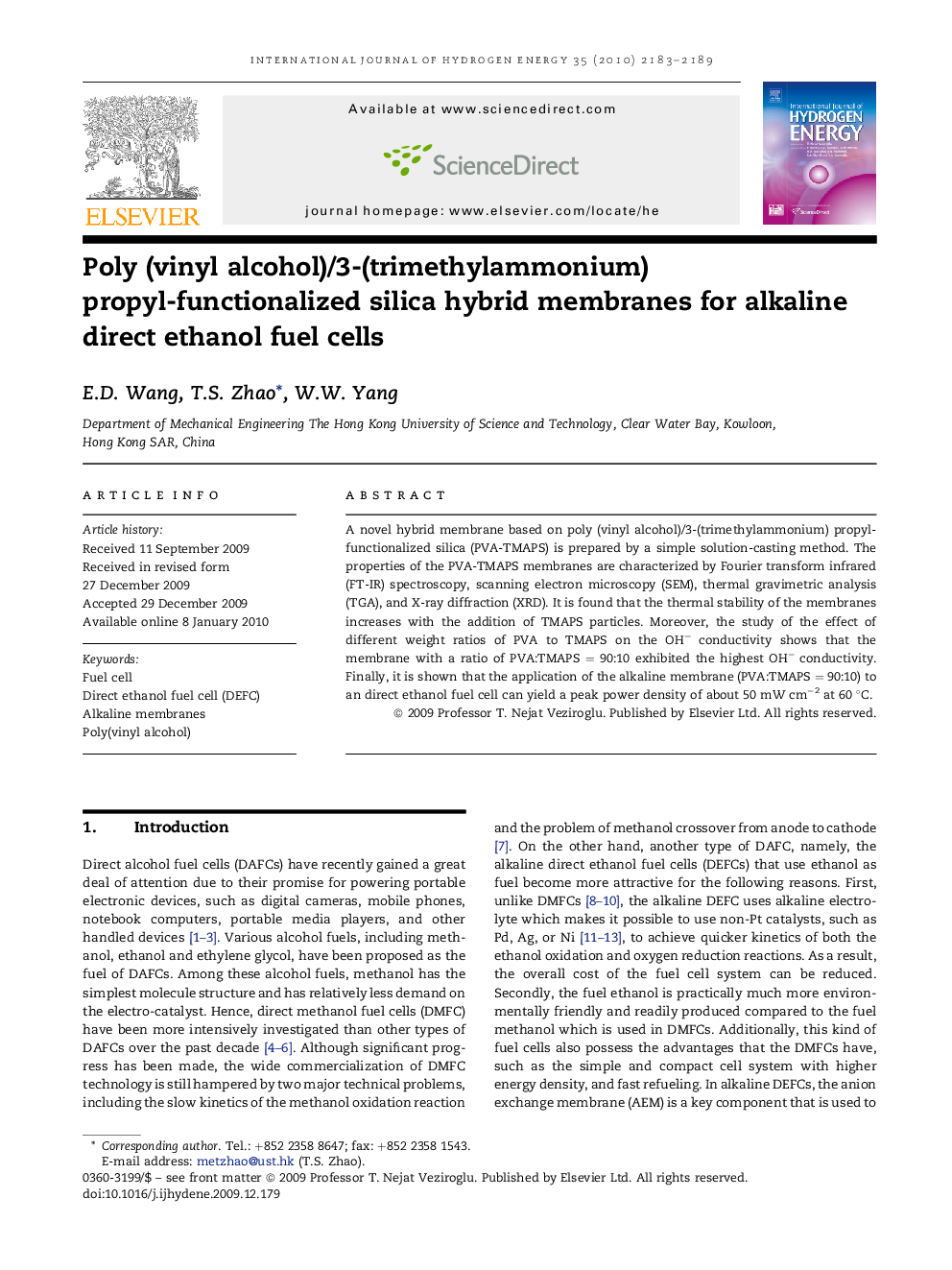 Poly (vinyl alcohol)/3-(trimethylammonium) propyl-functionalized silica hybrid membranes for alkaline direct ethanol fuel cells