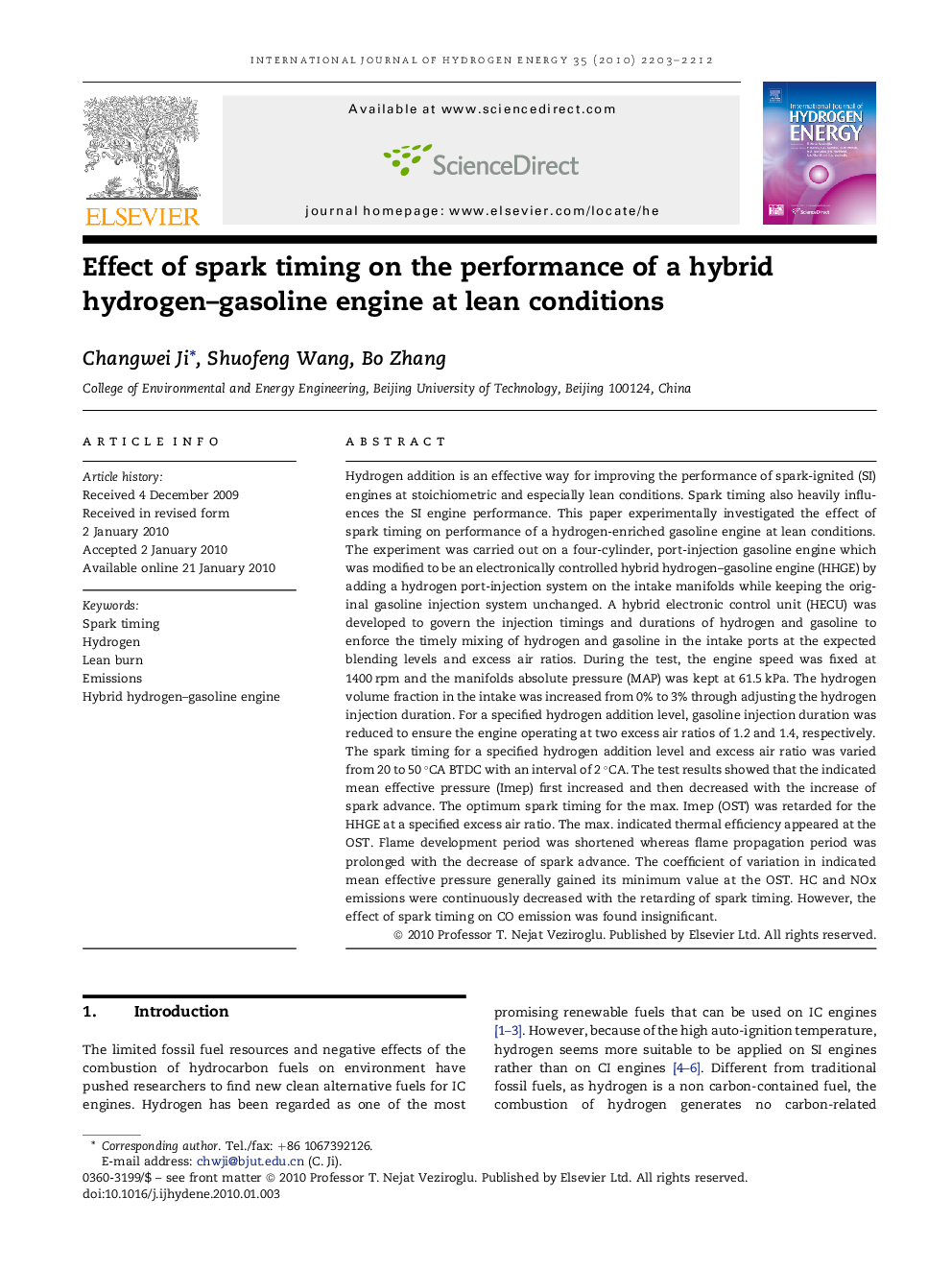 Effect of spark timing on the performance of a hybrid hydrogen–gasoline engine at lean conditions