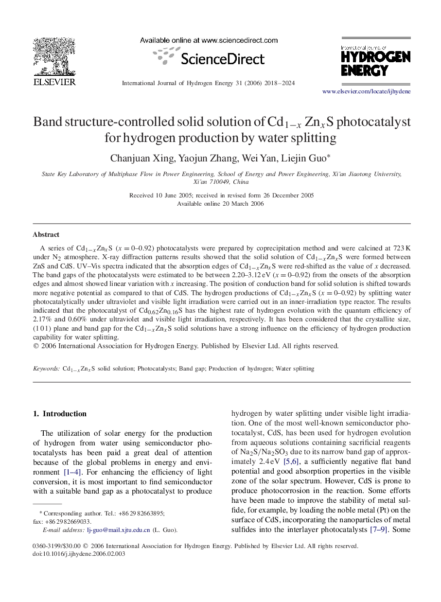 Band structure-controlled solid solution of Cd1-xCd1-xZnxSZnxS photocatalyst for hydrogen production by water splitting