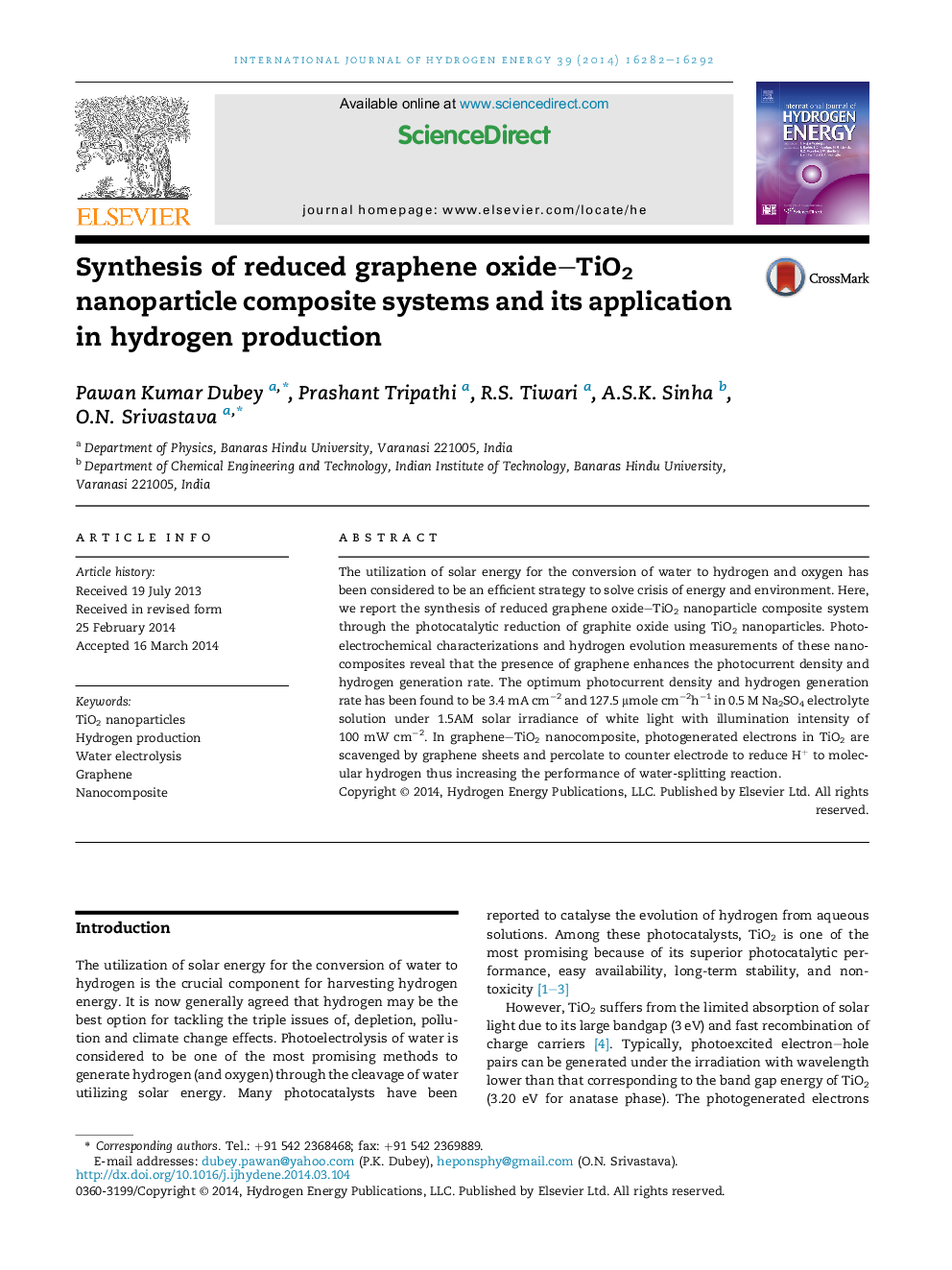 Synthesis of reduced graphene oxide–TiO2 nanoparticle composite systems and its application in hydrogen production