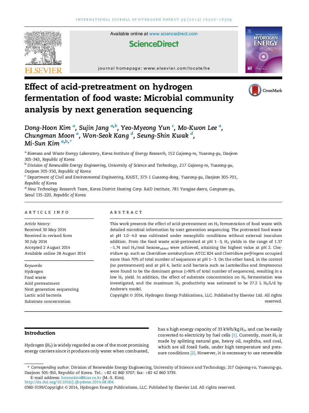 Effect of acid-pretreatment on hydrogen fermentation of food waste: Microbial community analysis by next generation sequencing