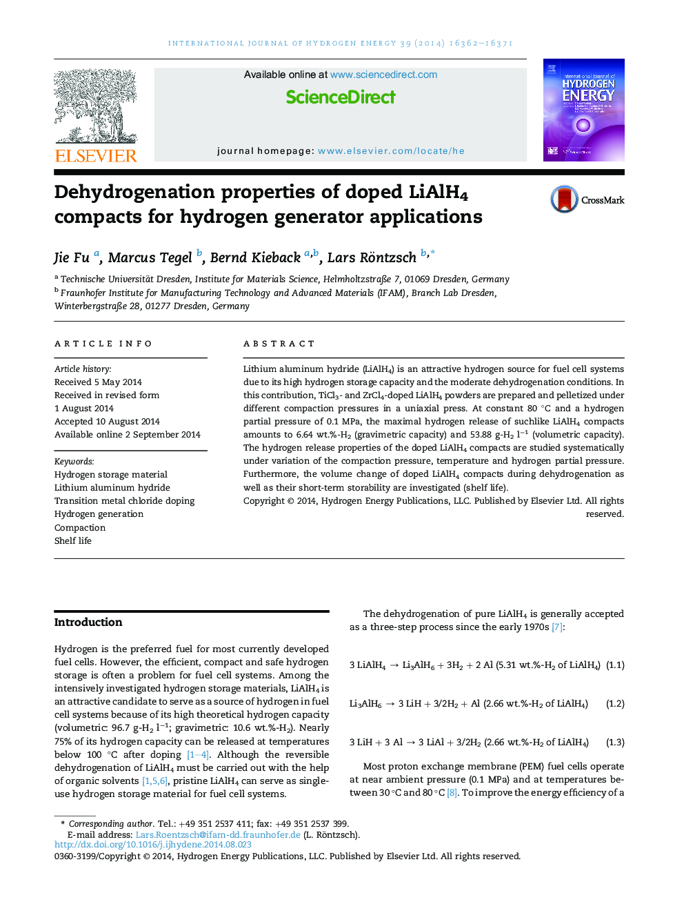 Dehydrogenation properties of doped LiAlH4 compacts for hydrogen generator applications