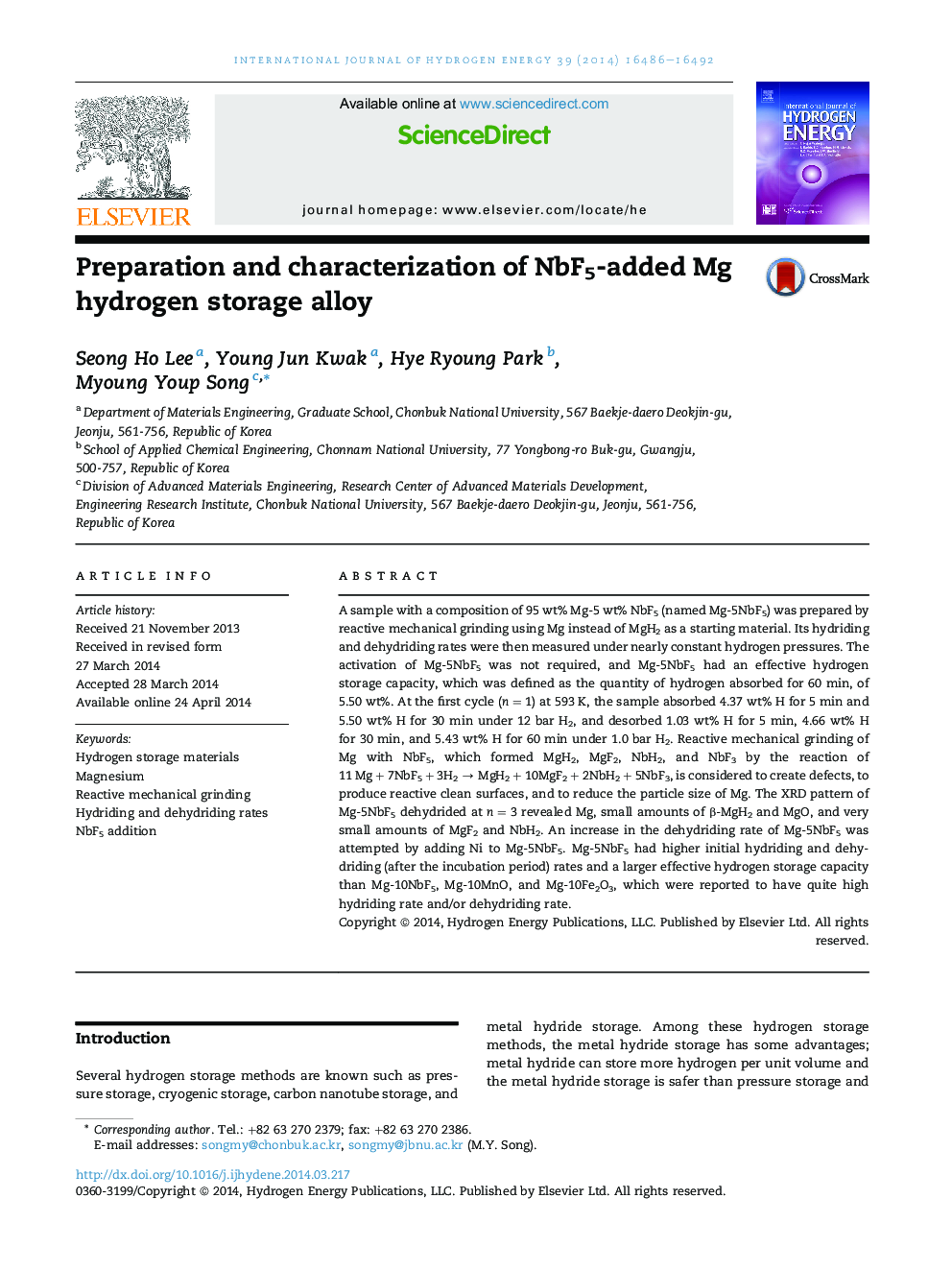 Preparation and characterization of NbF5-added Mg hydrogen storage alloy