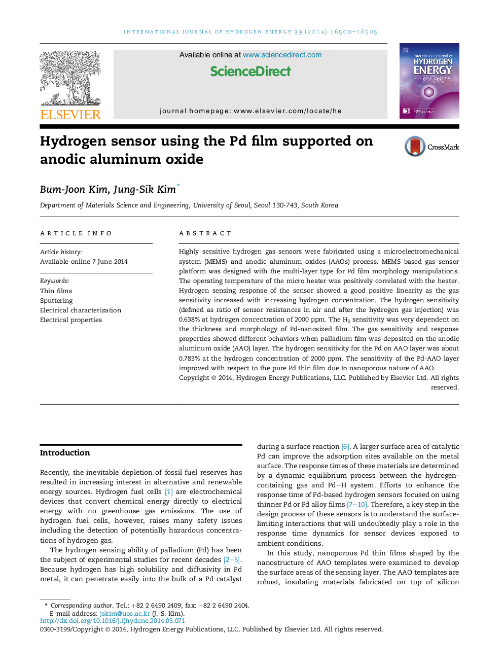 Hydrogen sensor using the Pd film supported on anodic aluminum oxide