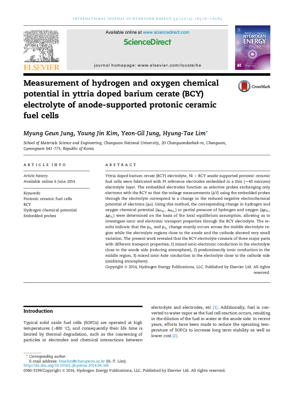 Measurement of hydrogen and oxygen chemical potential in yttria doped barium cerate (BCY) electrolyte of anode-supported protonic ceramic fuel cells