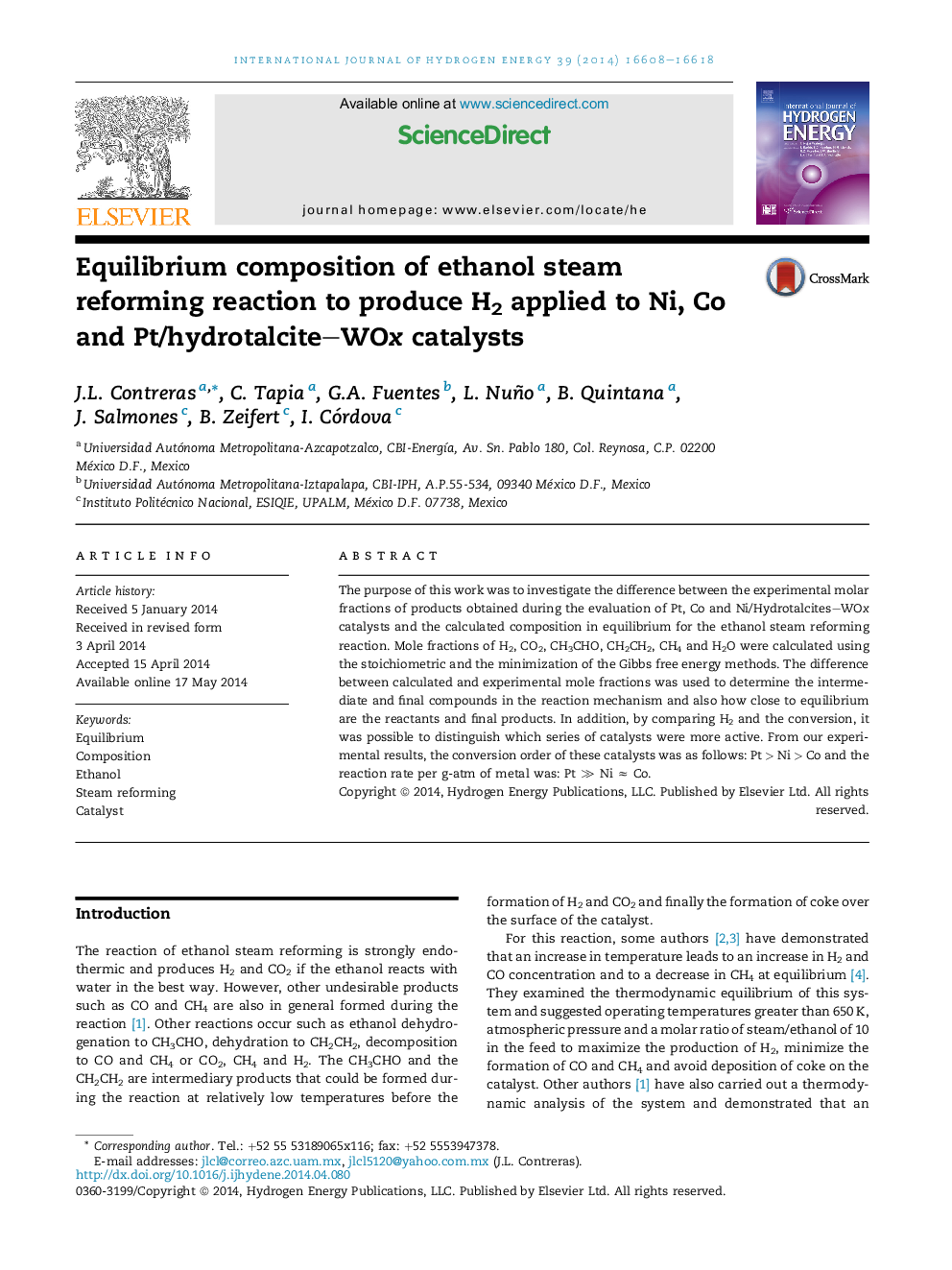 Equilibrium composition of ethanol steam reforming reaction to produce H2 applied to Ni, Co and Pt/hydrotalcite–WOx catalysts