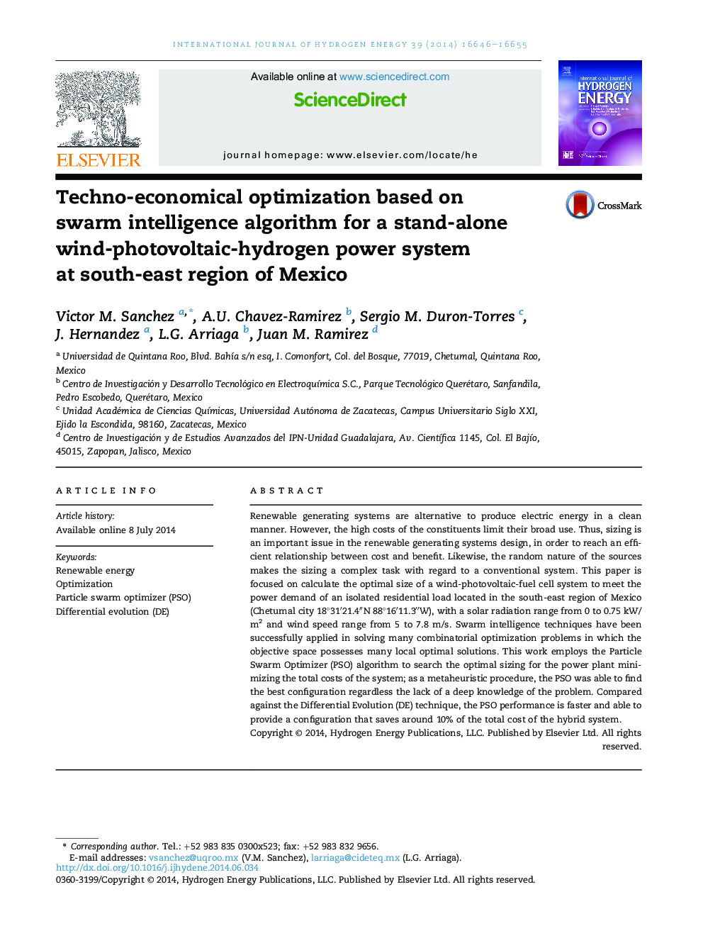 Techno-economical optimization based on swarm intelligence algorithm for a stand-alone wind-photovoltaic-hydrogen power system at south-east region of Mexico