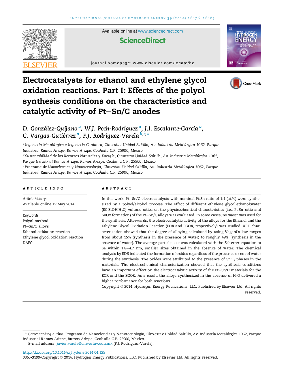 Electrocatalysts for ethanol and ethylene glycol oxidation reactions. Part I: Effects of the polyol synthesis conditions on the characteristics and catalytic activity of Pt–Sn/C anodes