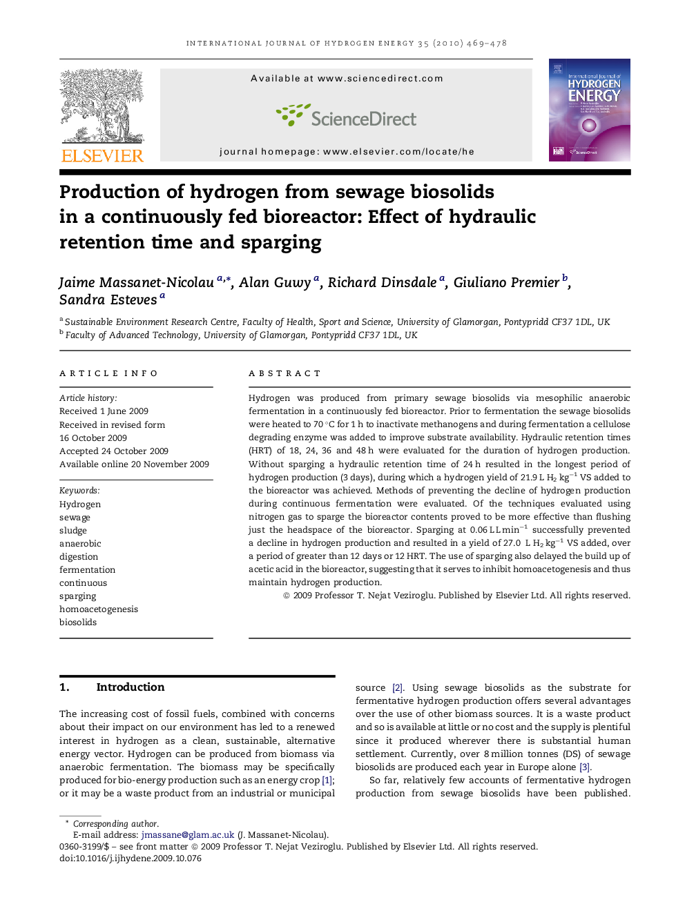 Production of hydrogen from sewage biosolids in a continuously fed bioreactor: Effect of hydraulic retention time and sparging