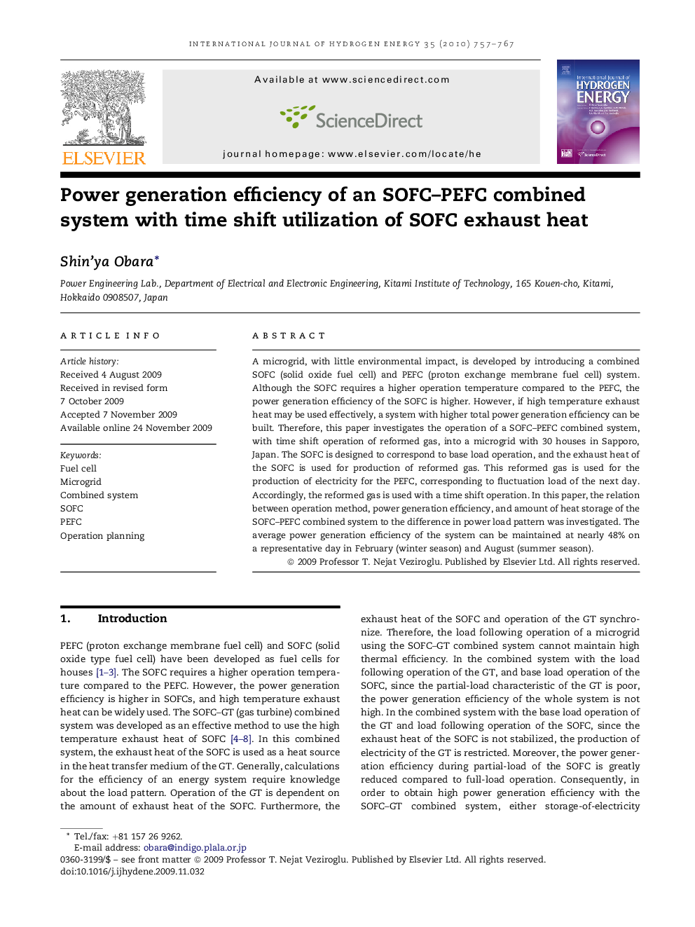 Power generation efficiency of an SOFC–PEFC combined system with time shift utilization of SOFC exhaust heat