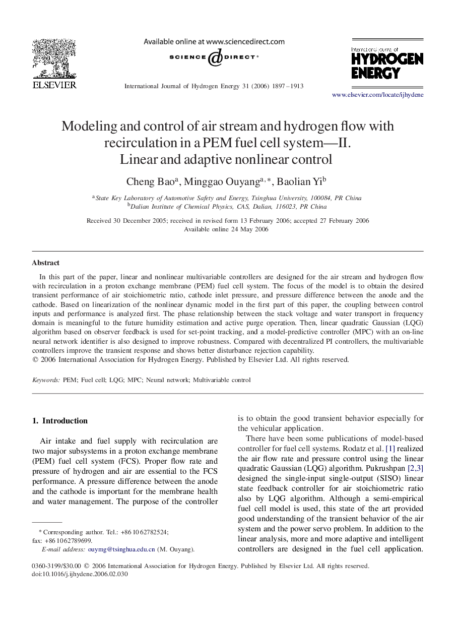 Modeling and control of air stream and hydrogen flow with recirculation in a PEM fuel cell system—II. Linear and adaptive nonlinear control