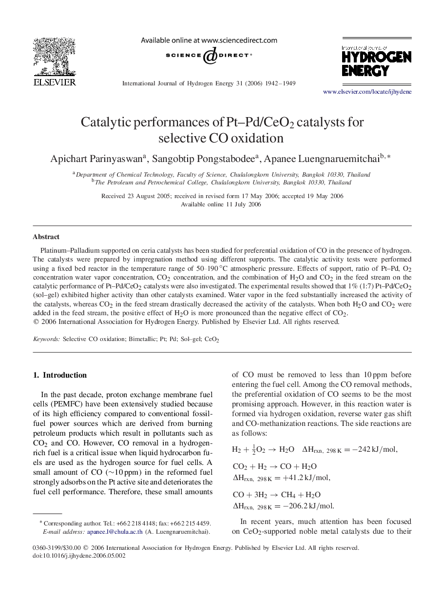 Catalytic performances of Pt–Pd/CeO2 catalysts for selective CO oxidation