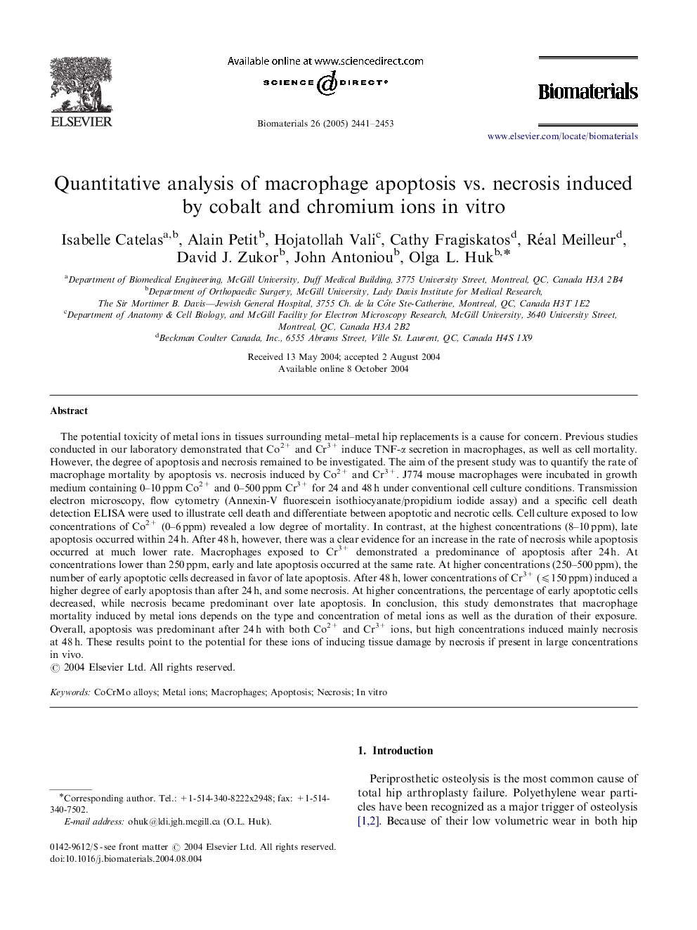 Quantitative analysis of macrophage apoptosis vs. necrosis induced by cobalt and chromium ions in vitro