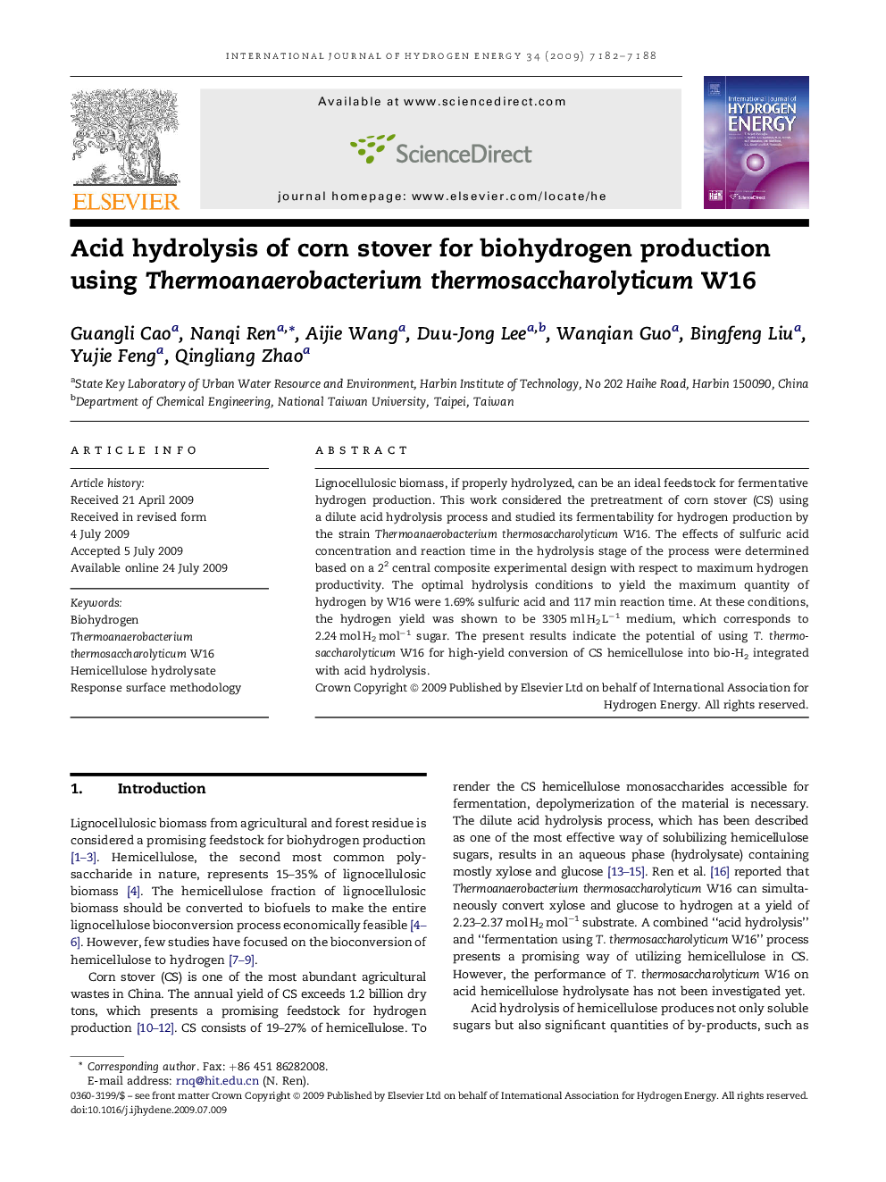 Acid hydrolysis of corn stover for biohydrogen production using Thermoanaerobacterium thermosaccharolyticum W16