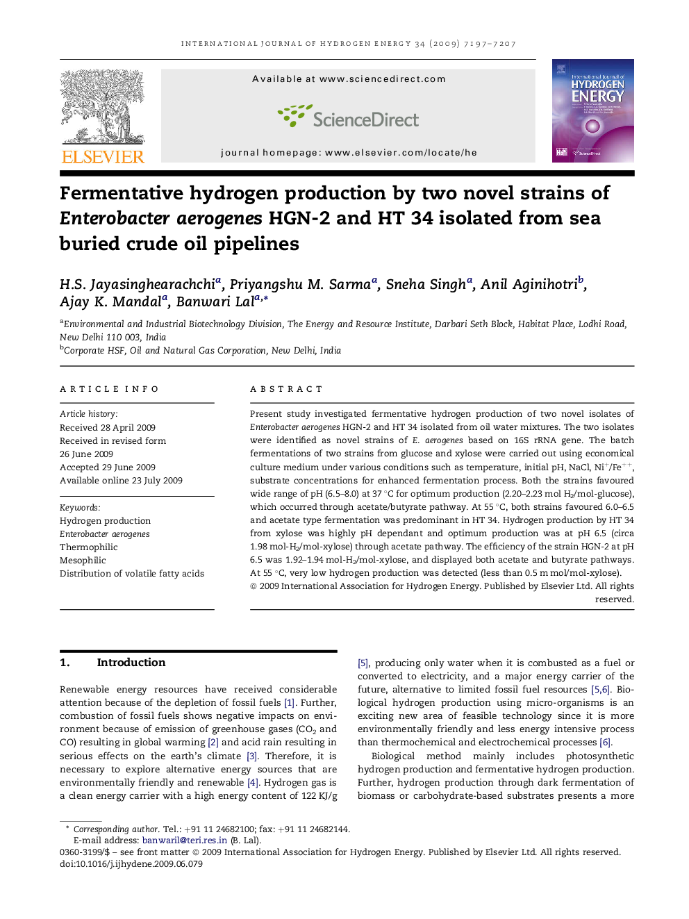 Fermentative hydrogen production by two novel strains of Enterobacter aerogenes HGN-2 and HT 34 isolated from sea buried crude oil pipelines