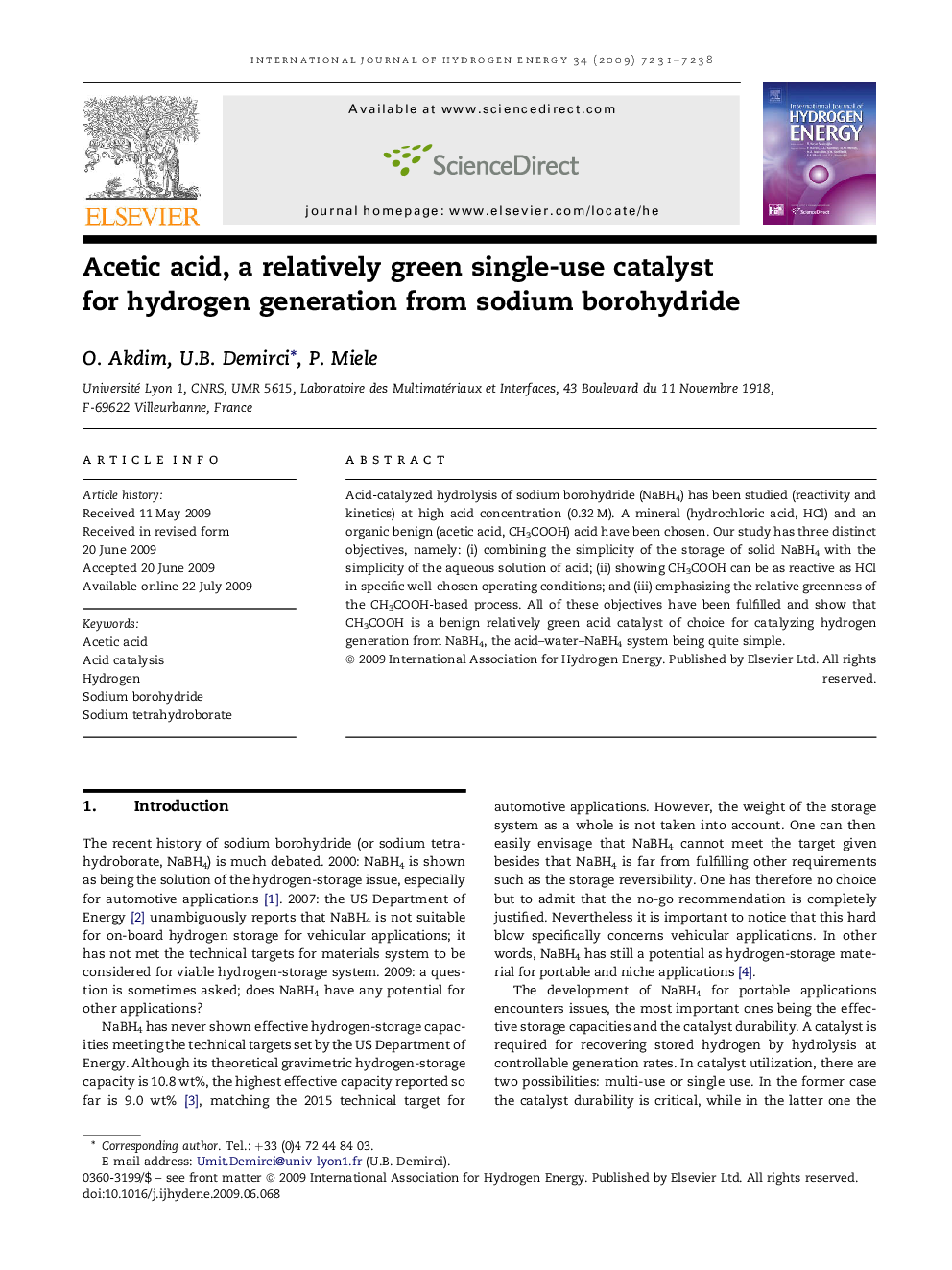 Acetic acid, a relatively green single-use catalyst for hydrogen generation from sodium borohydride