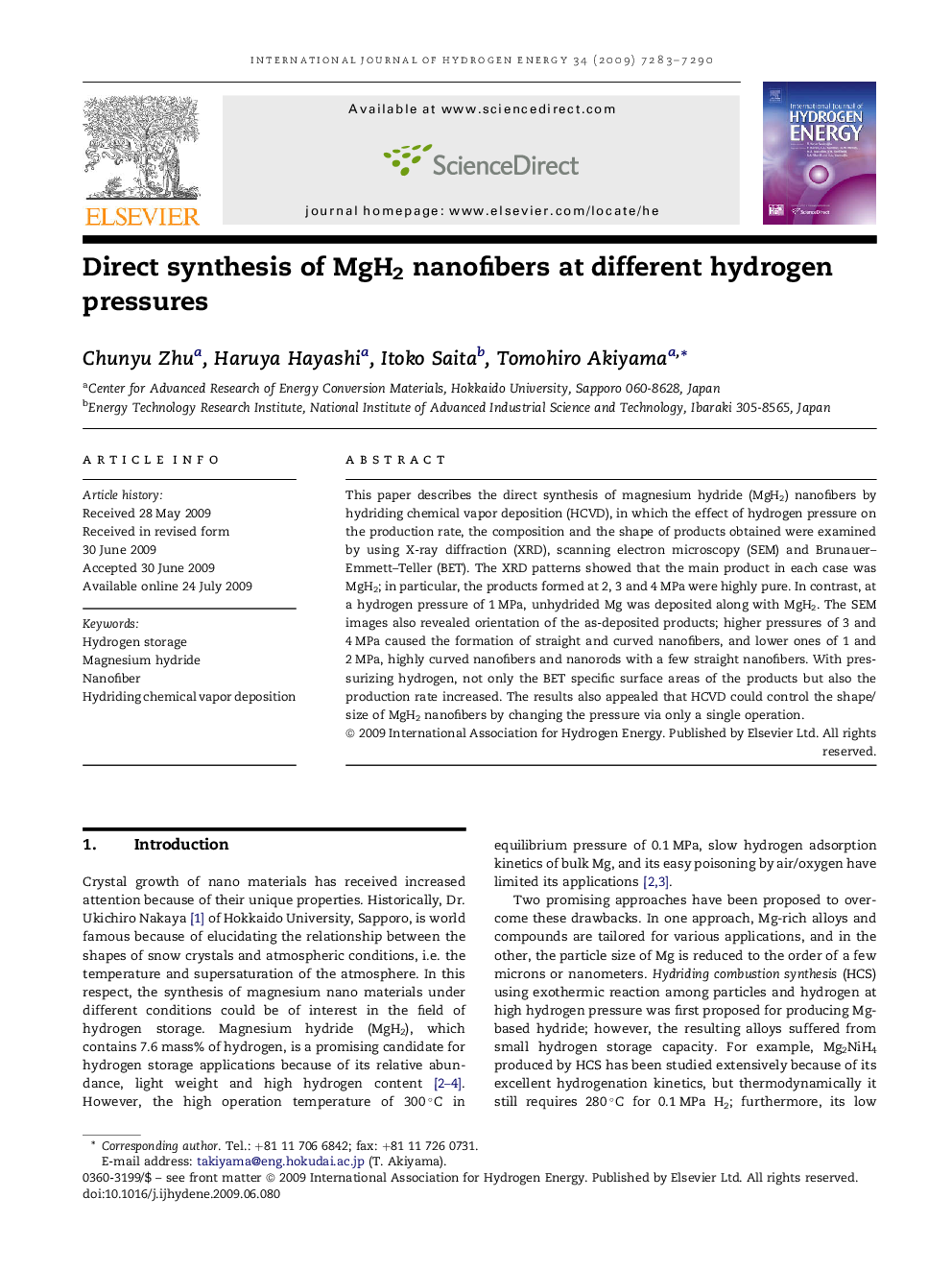 Direct synthesis of MgH2 nanofibers at different hydrogen pressures