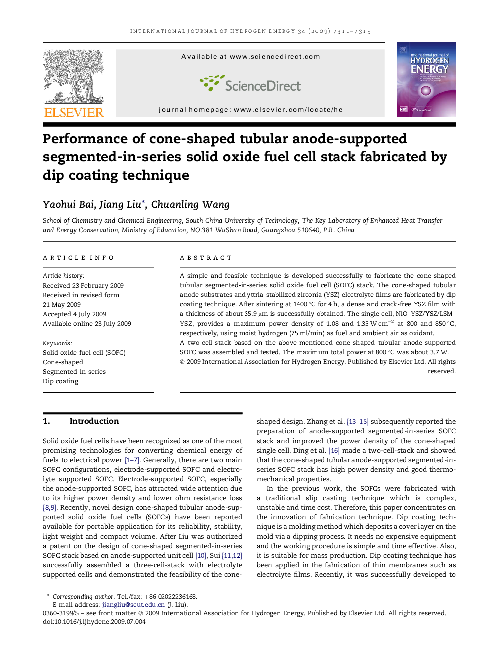 Performance of cone-shaped tubular anode-supported segmented-in-series solid oxide fuel cell stack fabricated by dip coating technique