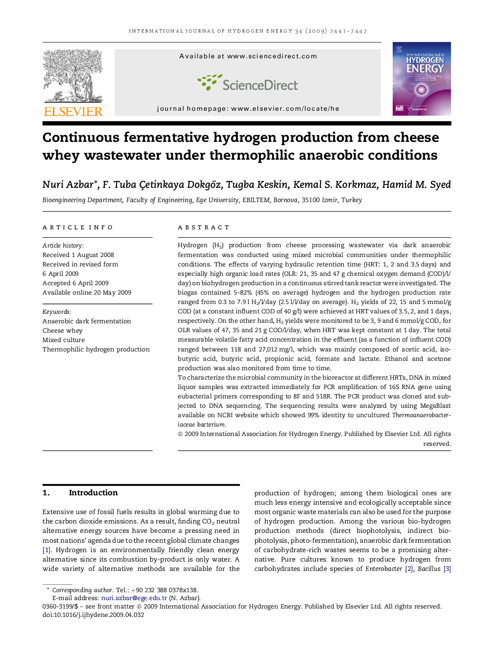 Continuous fermentative hydrogen production from cheese whey wastewater under thermophilic anaerobic conditions