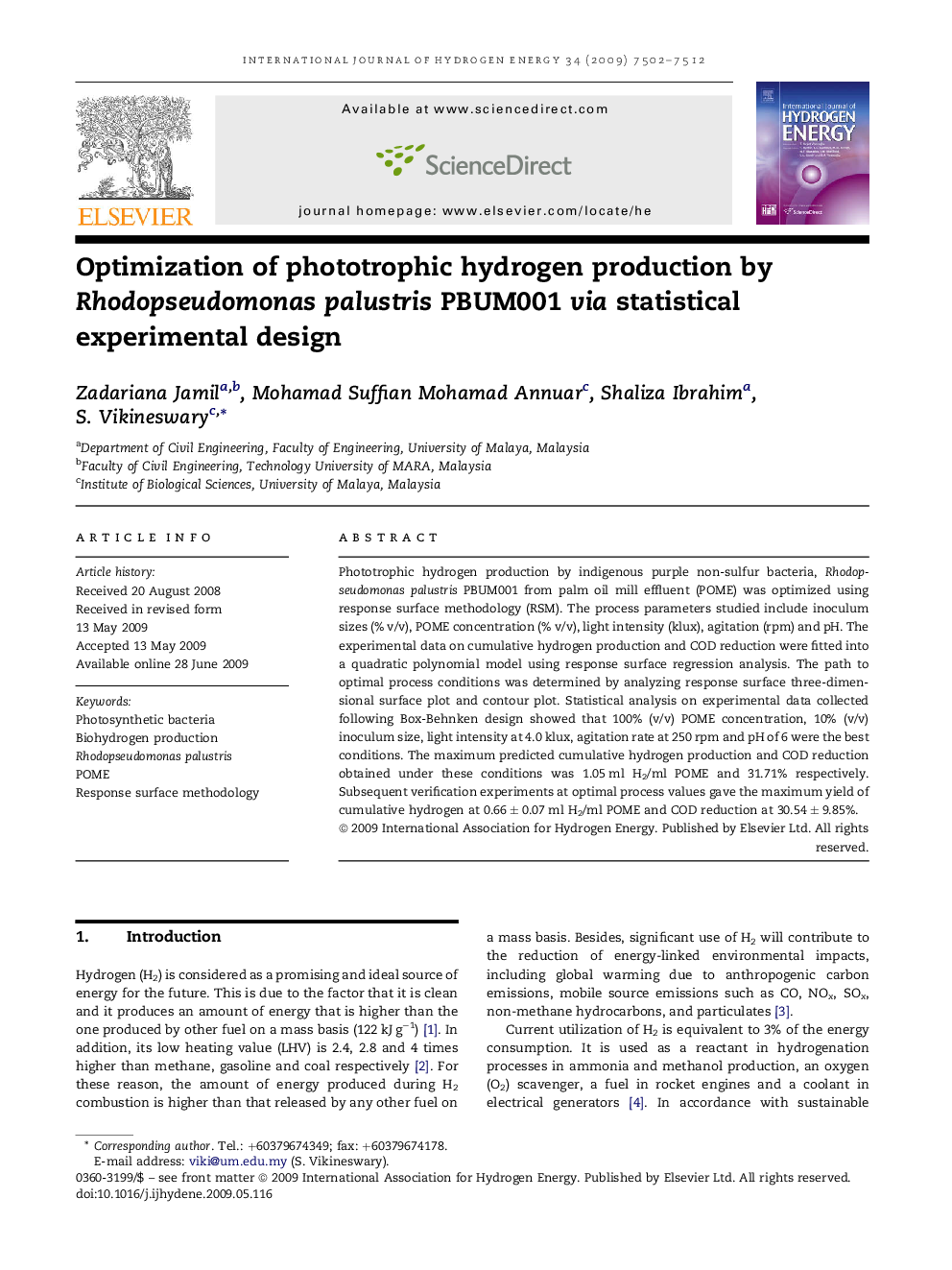 Optimization of phototrophic hydrogen production by Rhodopseudomonas palustris PBUM001 via statistical experimental design