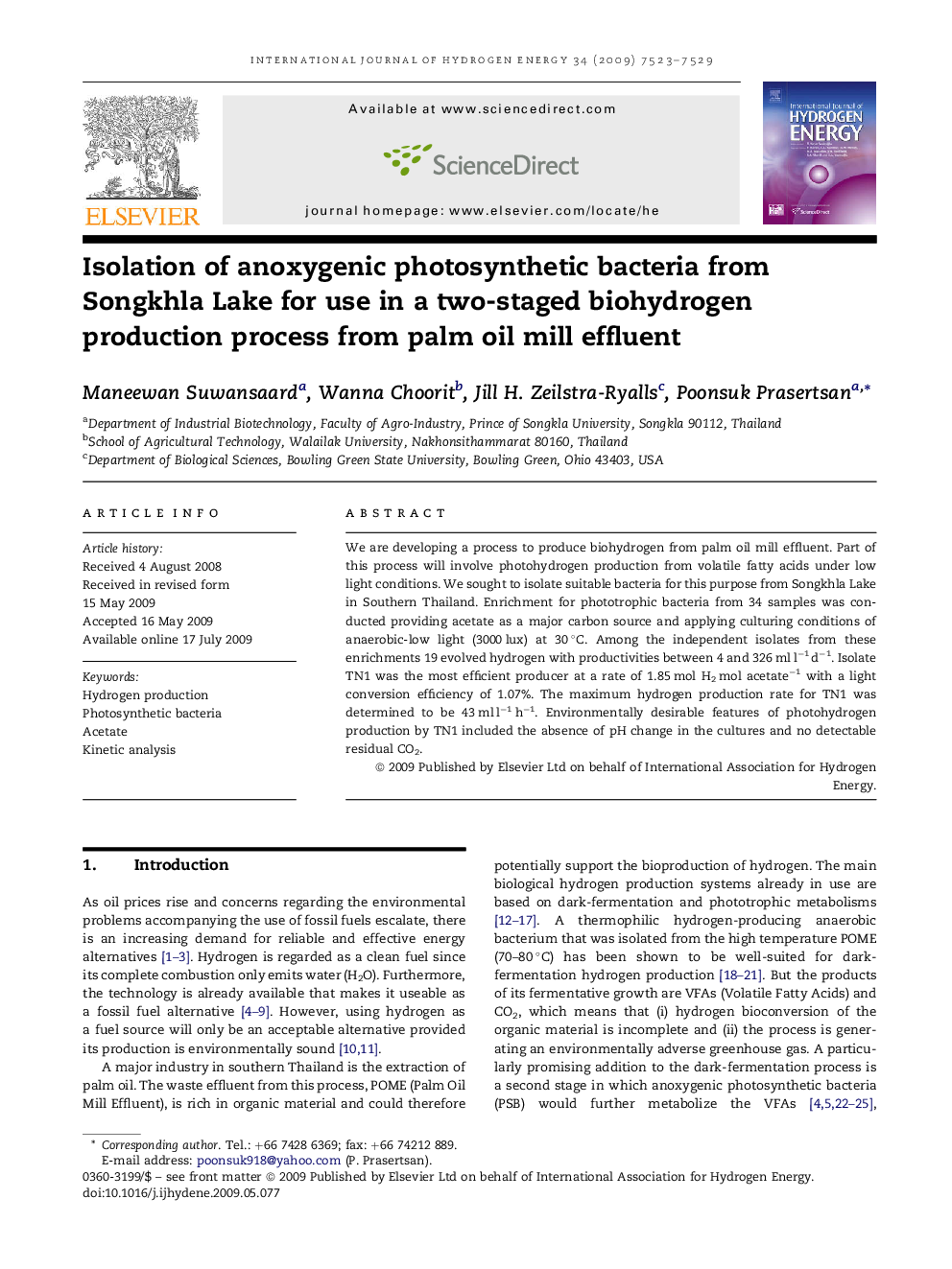 Isolation of anoxygenic photosynthetic bacteria from Songkhla Lake for use in a two-staged biohydrogen production process from palm oil mill effluent