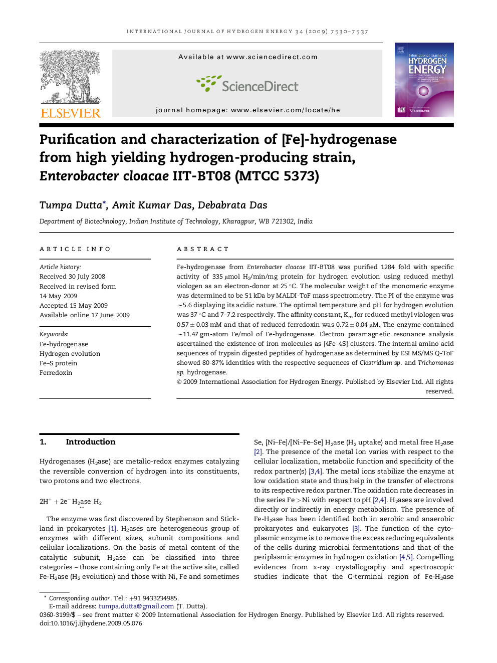 Purification and characterization of [Fe]-hydrogenase from high yielding hydrogen-producing strain, Enterobacter cloacae IIT-BT08 (MTCC 5373)