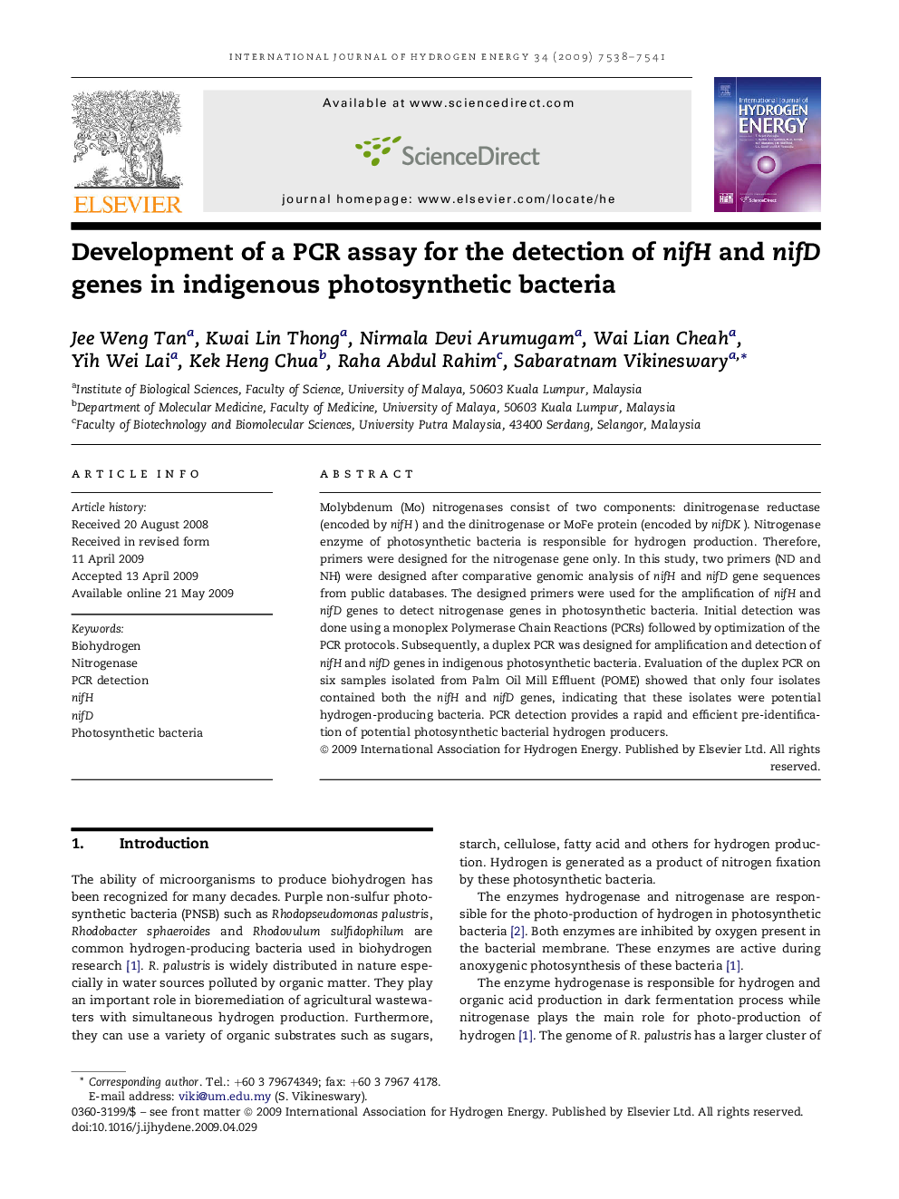 Development of a PCR assay for the detection of nifH and nifD genes in indigenous photosynthetic bacteria